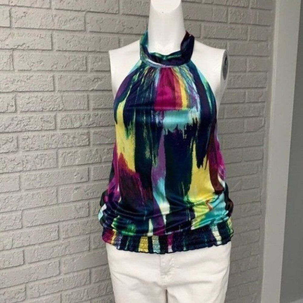 BCX Women Multicolored Brush Strokes Satin Halter Top Size S